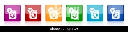 Waschmaschine, Internet, Wifi Icon Set, quadratische Hochglanz-Vektor-Tasten in 6 Farben Optionen für webdesign und mobile Anwendungen Stock Vektor