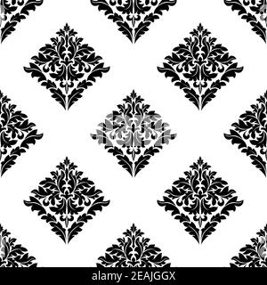 Rautenform florales Arabeske-Motiv in einem wiederholenden Nahtlosmuster In schwarz und weiß im quadratischen Format geeignet für Damast Style Tapete und Textil Stock Vektor