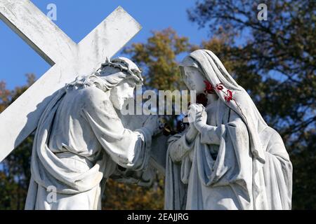 4th Stationen des Kreuzes, Jesus trifft seine Mutter, Basilika Himmelfahrt der Jungfrau Maria in Marija Bistrica, Kroatien Stockfoto