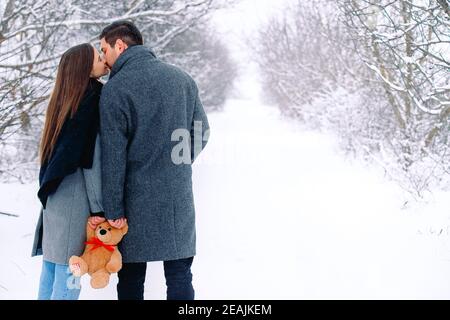 Hinter Foto von kaukasischen Paar zu Fuß in den Winter verschneiten Park. Familie süßen Kuss, hält zusammen einen braunen Plüsch Teddybär. Unendlich weiß Stockfoto