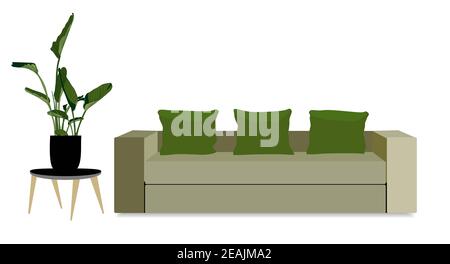 Wohnzimmer im modernen Stil mit Sofa. Interieur mit verschiedenen Zimmerpflanzen, Stände. Vektor-Illustration für Blumenläden, Banner, Plakate, Anzeigen Stockfoto