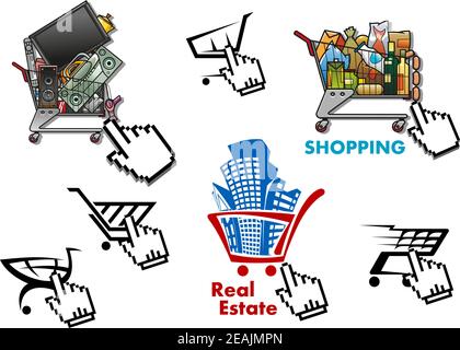 Set von Einkaufswagen mit Waren und Cursor-Symbole auf weißem Hintergrund für Internet-Markt, Shop, Shop Website-Design Stock Vektor