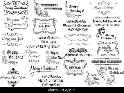 Große Sammlung von Weihnachten und Neujahr kalligraphischen Design-Elemente Und Seite Dekorationen mit Glückwünschen und kunstvoll floralen Bordüren und Ecke Stock Vektor