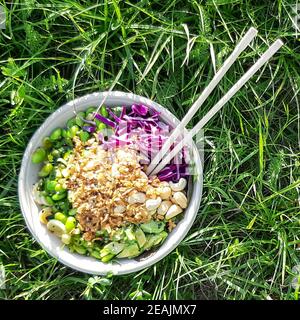 Vegane Poke Schüssel, hawaiianische Gericht, mit Essstäbchen im Gras. Stockfoto