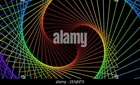 Abstrakter Hintergrund von grafischen Elementen - Dreieck nach Drehung in Verschiedene Regenbogenfarben auf schwarzem Hintergrund - 3D Illustration Stockfoto