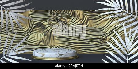 Abstrakter Hintergrund mit faltigen goldenen schwarzen Vorhang und weiß tropischen Laub 3D Stockfoto