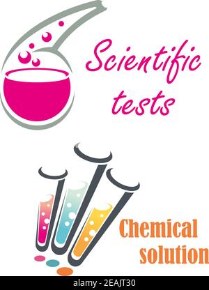 Illustration im Cartoon-Stil von Glas Laborflasche und Test Röhrchen mit bunten Flüssigkeiten und Blasen für wissenschaftliche Tests und Chemische Lösungen de Stock Vektor