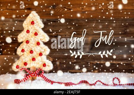 Stoff Weihnachtsbaum, Ball, Schnee, Gott Juli Bedeutet Frohe Weihnachten, Schneeflocken Stockfoto