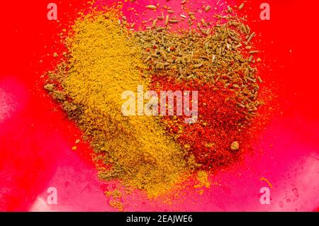 Gewürze - roter Paprika, gemahlener Koriander, Salz und Kurkuma auf einem roten Teller, Nahaufnahme Stockfoto