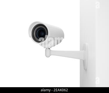 CCTV-Überwachungskamera an der Wand auf weißem Hintergrund, 3d-Rendering Stockfoto