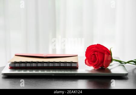 Rote Rose und der Laptop an Deck Stockfoto