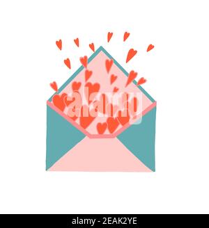Herzen fliegen aus dem Umschlag. Umschlag gefüllt mit Herzen. Liebesbrief. Liebe Botschaft. Freundschaft und Zuneigung Konzept. Valentinstag Stockfoto