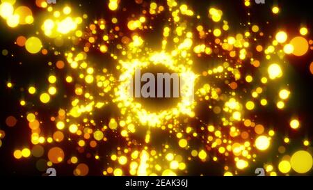 Schimmernde glitzernde Partikel, computergeneriert. 3d Rendering schöne Pailletten und Sterne auf einem schwarzen Hintergrund. Stockfoto
