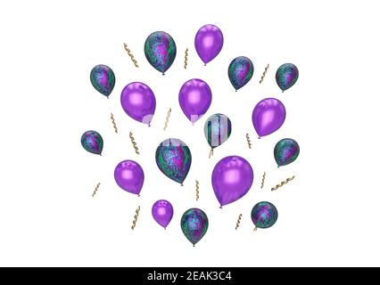 Viele schöne hellviolette Luftballons fliegen isoliert auf weiß, 3D Render Stockfoto