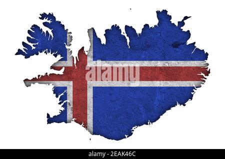 Karte und Flagge von Island auf verwittertem Beton Stockfoto