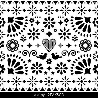 Mexikanische Volkskunst monochrome nahtlose Vektor-Muster, Design mit Blumen und Vögel von traditionellen Ornamenten aus Mexiko inspiriert Stock Vektor