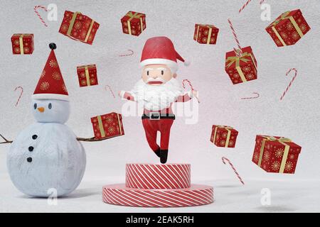 3D Rendering, der Tanz eines fröhlichen Weihnachtsmann und Schneemann auf EIS Hintergrund. Das Konzept von Weihnachten. Stockfoto