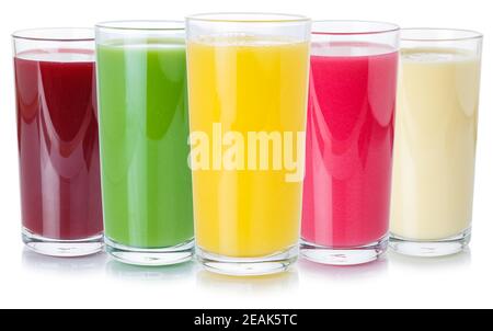 Sammlung von Fruchtsaft Getränke Getränke Glas gesunde Ernährung isoliert Auf Weiß Stockfoto