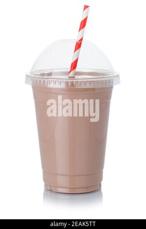 Schokomilch Milchshake in einer Tasse Stroh isoliert auf Weiß Stockfoto