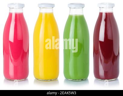 Frischer Fruchtsaft Getränke in der Flasche gesund essen Isoliert auf Weiß Stockfoto