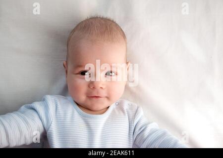 drei Monate altes Baby eingehüllt in blaue Decke Stockfoto