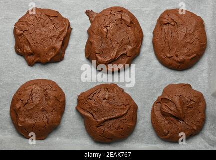 Brownie Schokoladenkekse auf Backpapier Stockfoto