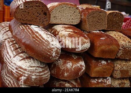 Verschiedene frische Brotlaibe im Einzelhandel Stockfoto