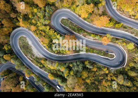 Luftaufnahme der Straße im schönen Herbst Wald bei Sonnenuntergang. Stockfoto