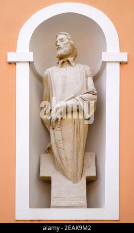 Saint Mark Krizin Statue auf der Fassade der Kathedrale von Annahme in Varazdin, Kroatien Stockfoto