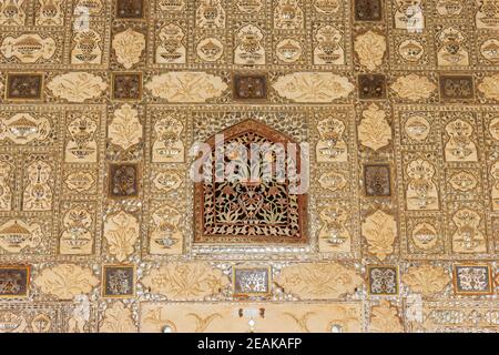 Spiegelmosaiken bei Sheesh Mahal, Spiegelpalast, Amer Fort, Jaipur, Rajasthan, Indien Stockfoto