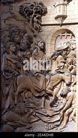 Einzug Christi in Jerusalem, Altar des Heiligen Blutes in St. James Kirche in Rothenburg o.d. Tauber, Deutschland Stockfoto