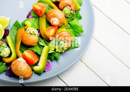 Salat mit Gemüse und Schnecken Stockfoto