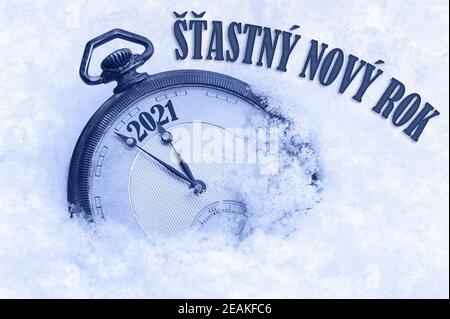 Neujahrskarte 2021,Frohes Neues Jahr 2021 Begrüßung in tschechischer Sprache, Stastny novy rok Text, Countdown bis Mitternacht Stockfoto