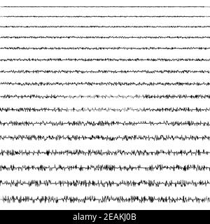 Satz von horizontalen Liniendoodles von seismischen Wellen der Schwingungsform eines Erdbebens mit einer zufälligen Frequenz und Amplitude, einem Vektor-Seismogramm Stock Vektor