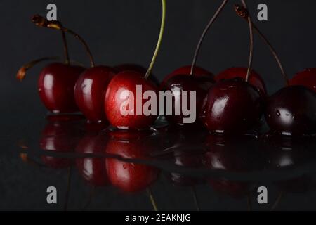 Kirschen, mit Wassertropfen auf schwarzem Hintergrund mit Spiegelung Stockfoto
