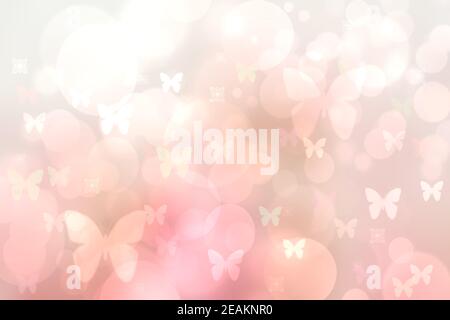Abstrakt verschwommen lebendige Sommer Licht zart leuchtend rosa gelb Bokeh Hintergrund Textur mit hellen weichen Farbe Blumen und Schmetterlinge. Hallo Spring Card Konzept. Wunderschöne Hintergrunddarstellung. Stockfoto