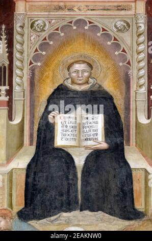 St. Thomas Aqinas, Detail des Triumphes von St. Thomas von Aquin, Fresko von Andrea di Buonaiuto, Spanische Kapelle in Santa Maria Novella Hauptdominikerkirche in Florenz, Italien Stockfoto