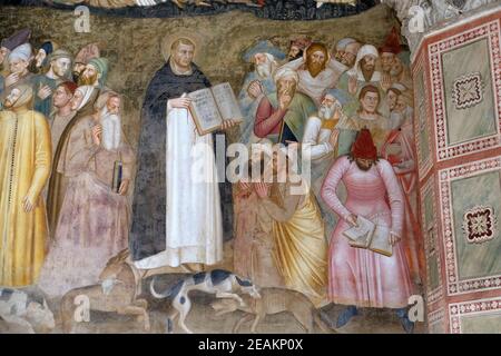 Heilige Peter der Märtyrer und Thomas von Aquin widerlegen die Ketzer, Detail der aktiven und triumphierenden Kirche Detail, Fresko von Andrea Di Bonaiuto, Spanische Kapelle in Santa Maria Novella Hauptdominikanerkirche in Florenz, Italien Stockfoto