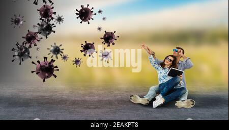 Starke Immunität - gesunde Familie. Glückliche Eltern mit Kindern vor Viren und Bakterien geschützt, Illustration Stockfoto