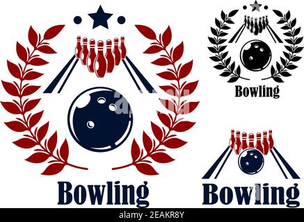 Bowling-Embleme und Symbole mit einem Bowling-Ball und gesetzt Gasse mit den Pins im Hintergrund in drei Varianten Mit und ohne runden Lorbeerkranz Stock Vektor