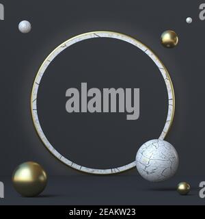 Abstrakter Hintergrund weiß und Gold Kreis Rahmen mit Kugeln 3D Stockfoto
