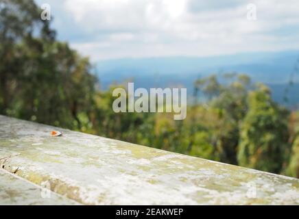 Der eiserne Tisch ist leer auf dem Hintergrund von Wald, Berg und Himmel. Stockfoto