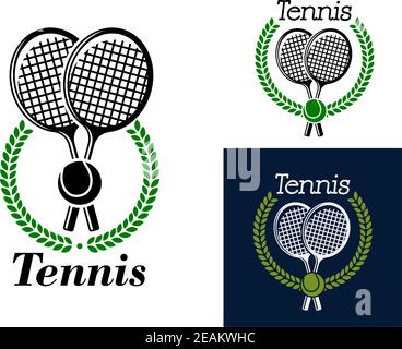 Tennis-Emblem mit gekreuzten Tennisschlägern und einem Ball umgeben Durch einen runden Lorbeerkranz mit dem Text - Tennis - in drei Farbvarianten Stock Vektor