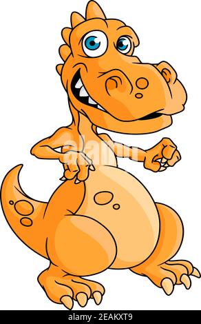 Cute orange Cartoon Drachen mit blauen Augen und eine toothy Lächeln stehend aufrecht isoliert auf weiß Stock Vektor