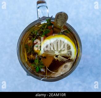 Durchsichtiger Becher mit Tee. Tee im Beutel zubereiten. Kräutertee zubereiten. Kräutertee. Stockfoto