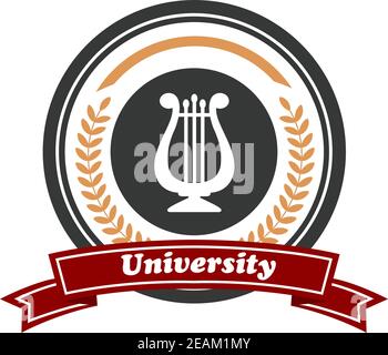 Art University Emblem mit beigefarbenem Lorbeerkranz, Musikinstrument und dem Wort "Universität" auf rot gefärbtem Band isoliert über weißem Hintergrund Stock Vektor