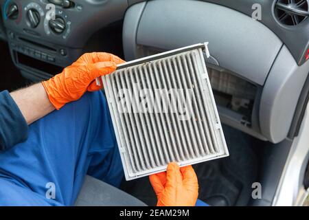 Verschmutzter Luftfilter für den Pollen in der Kabine für ein Auto Stockfoto