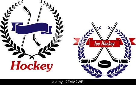 Eishockey und Eishockey Embleme oder Symbole mit gekreuzten Stäbchen in einem Lorbeerkranz, eines mit dem Wort - Hockey - unten und eines mit einem Puck und Text - Eis Stock Vektor