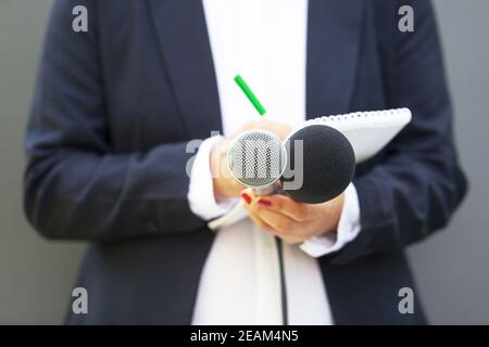 Journalistin bei Pressekonferenz, Schreiben von Notizen, mit Mikrofon Stockfoto