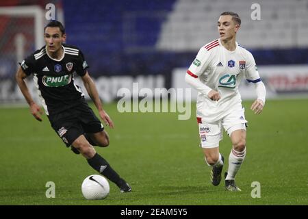 Maxence CAQUERET von Lyon während der Französisch-Cup, Runde der 64 Fußballspiel zwischen Olympique Lyonnais und AC Ajaccio am Februar / LM Stockfoto